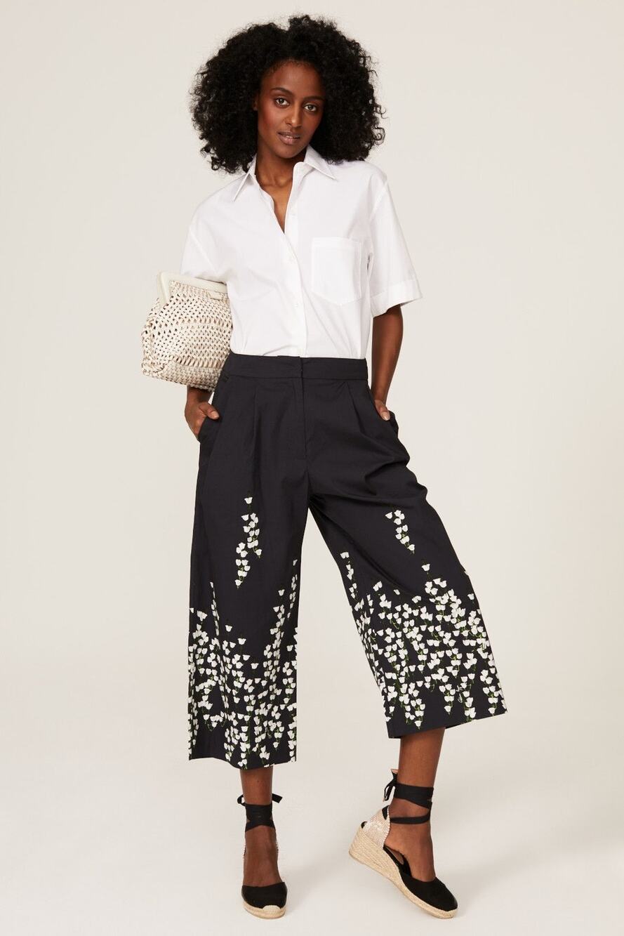Adam Lippes Navy Blue Pleat Front Floral Print Cropped Culotte Pants Size 10